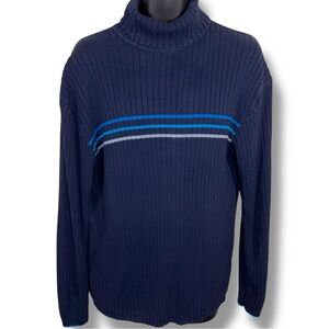 Large Mens Vintage 90s Blue Turtleneck Sweater Knit Preppy Academia Stripes